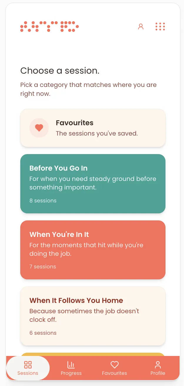 MyTappyPlace app screen showing session categories such as Before You Go In and When It Follows You Home